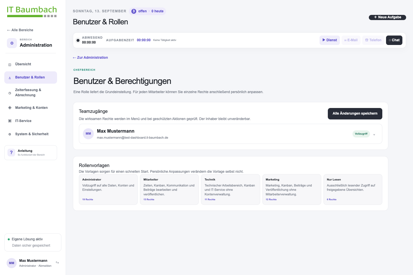 Administration, Rollen & Sicherheit im öffentlichen Test-Dashboard mit Musterdaten